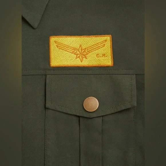 Her Universe Captain Marvel Olive Patchwork Shirt Dress NWT Size L 12 - Picture 10 of 15